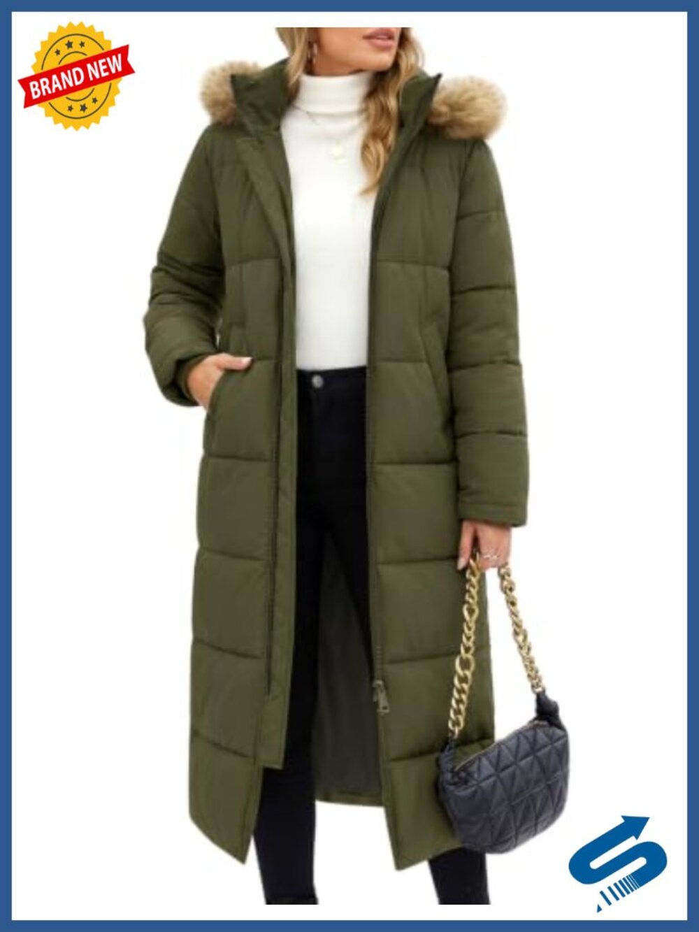 Long Puffer Coat Women Winter Faux Fur Hood Quilted Jacket Outerwear